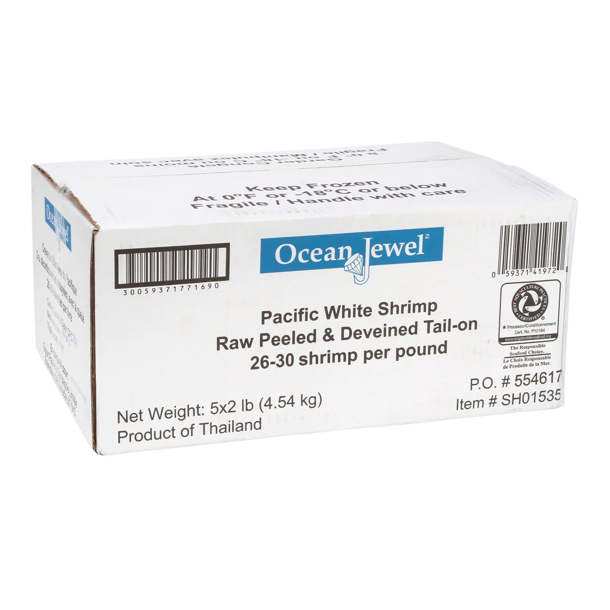Ocean Jewel Pacific White Shrimp 26-30 Raw P&D Tail-On 4.54kg
