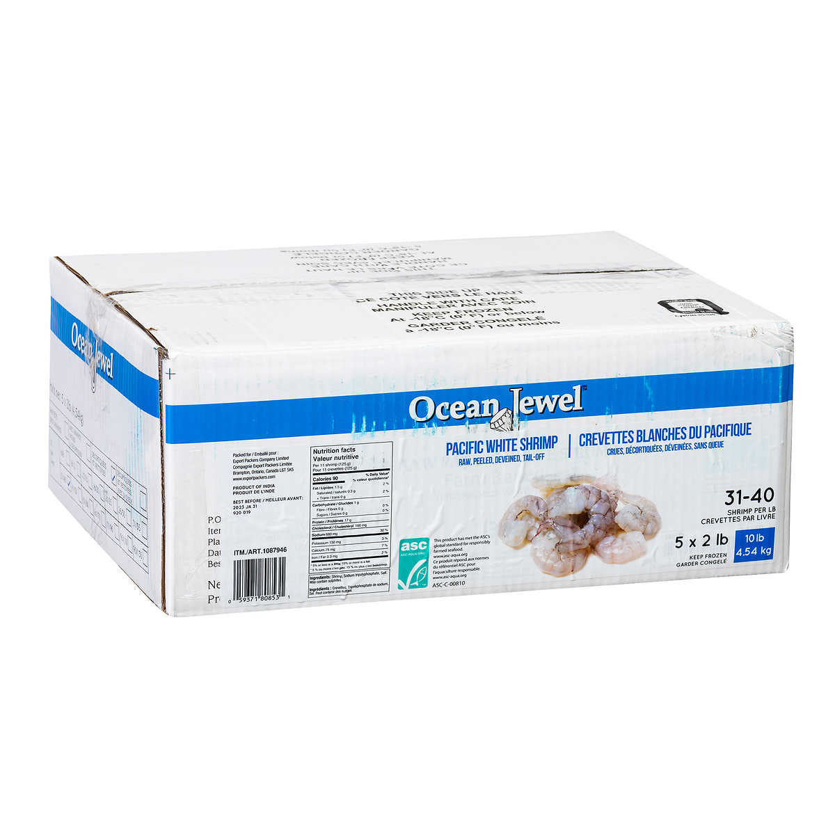 Ocean Jewel Pacific White Shrimp 31-40 Raw P&D Tail-On 4.54kg