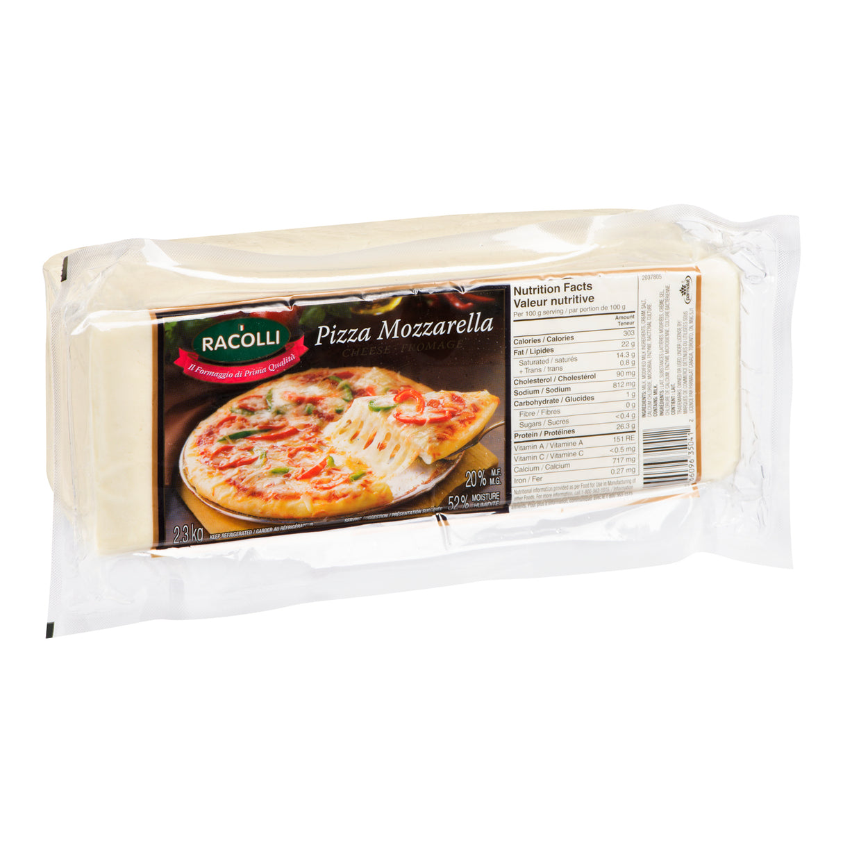 Racolli Plus Pizza Mozzarella Cheese Block (20%M.F.), 2.3kg
