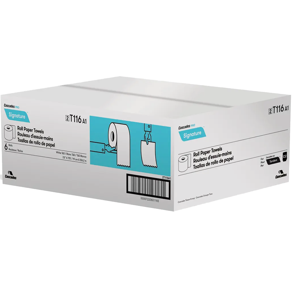 Cascades T116 Premium Roll Paper Towel (1-Ply, White TAD, 775ft), 6 Rolls